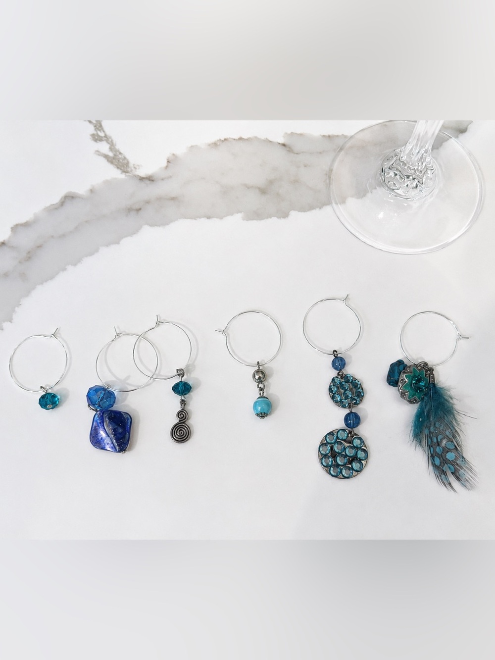 Upcycled Coastal Wine Glass Charms – Set of 6 Handmade Vintage Jewelry Markers